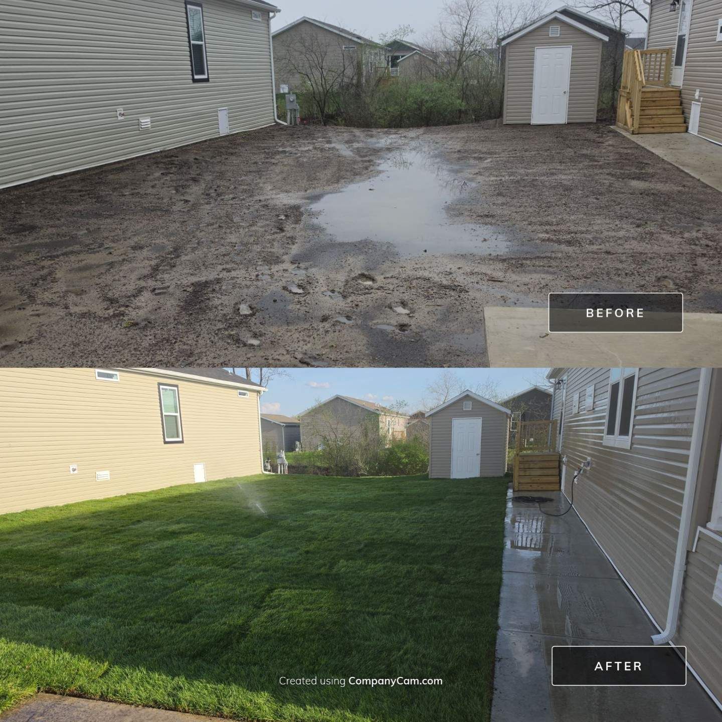 Backyard before-and-after: muddy bare ground changed to a neatly grassed yard with shed and house