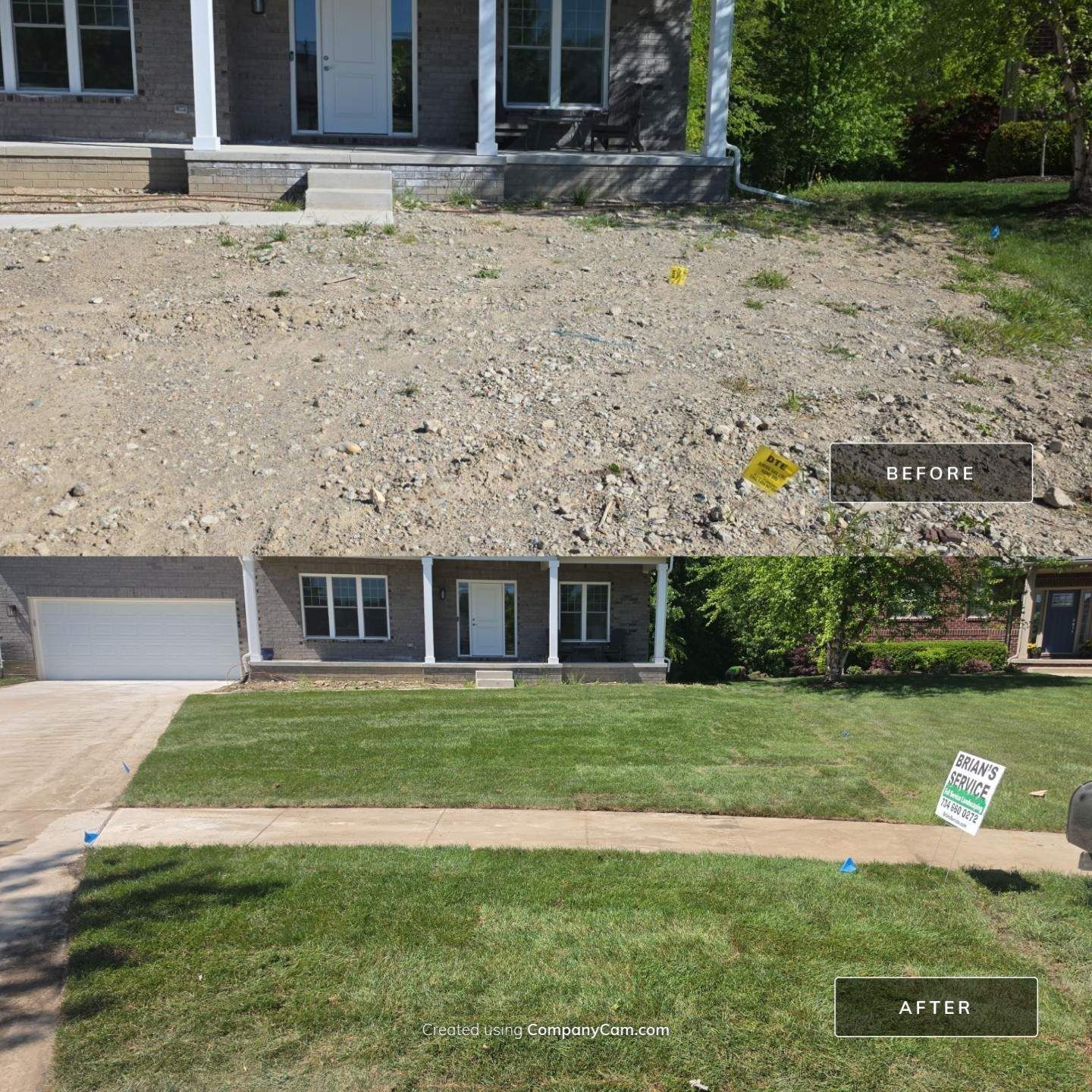 Before-and-after view of a house front yard changed from gravel to grass with a walkway and driveway
