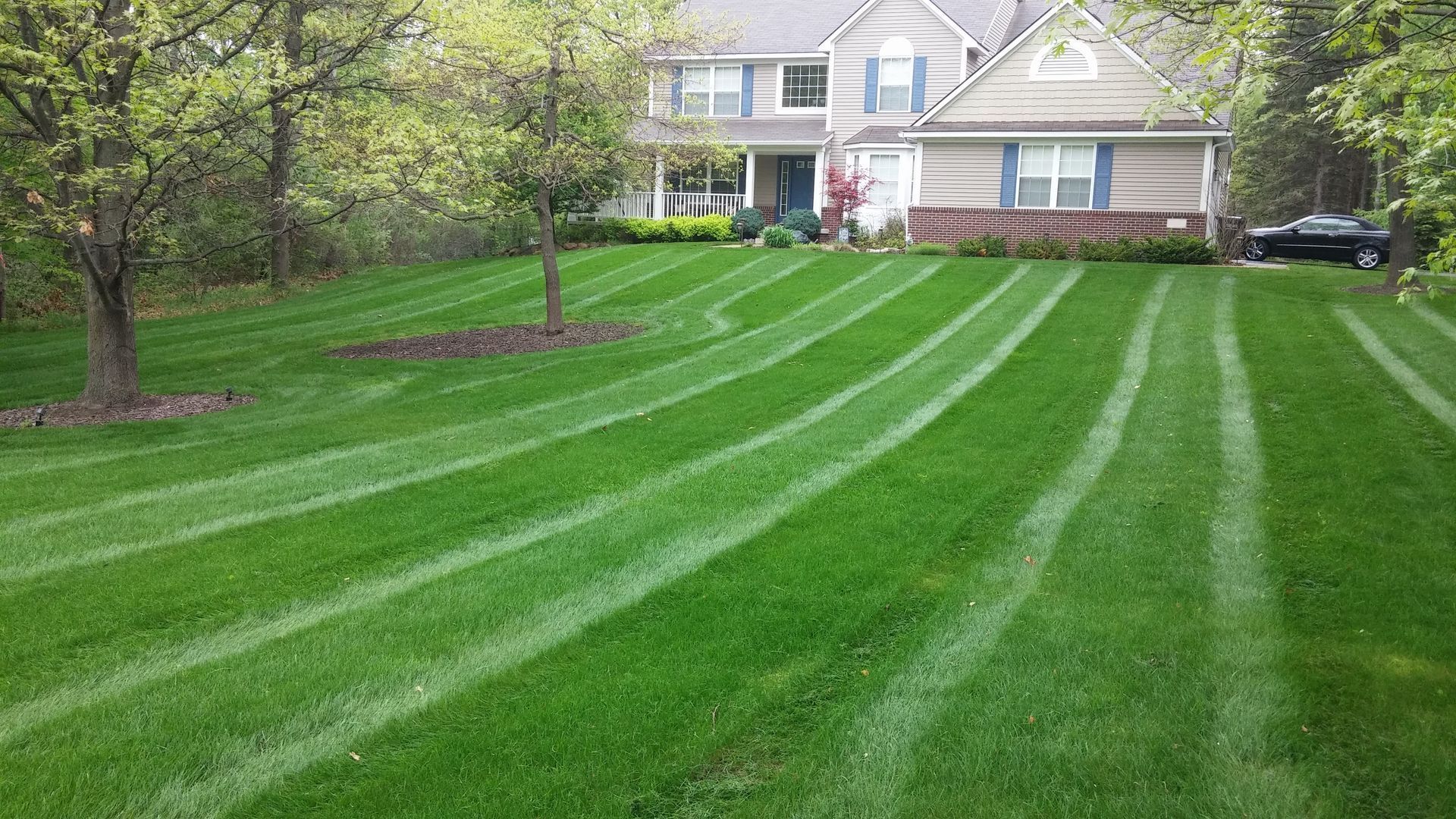 Freshly mowed green lawn with striped patterns in front of a suburban house and trees