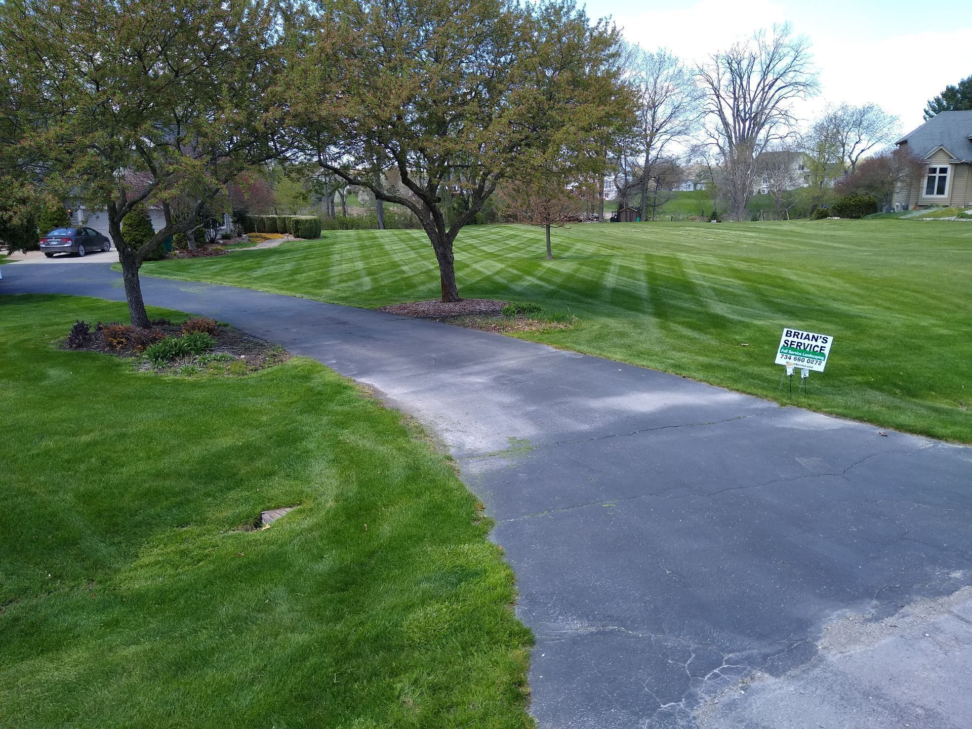 Curved asphalt driveway through a green lawn with trees and a house in the background