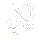 Wrench, gear, and house icon in light gray on white background