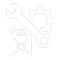 Wrench, gear, and house icon in light gray on white background