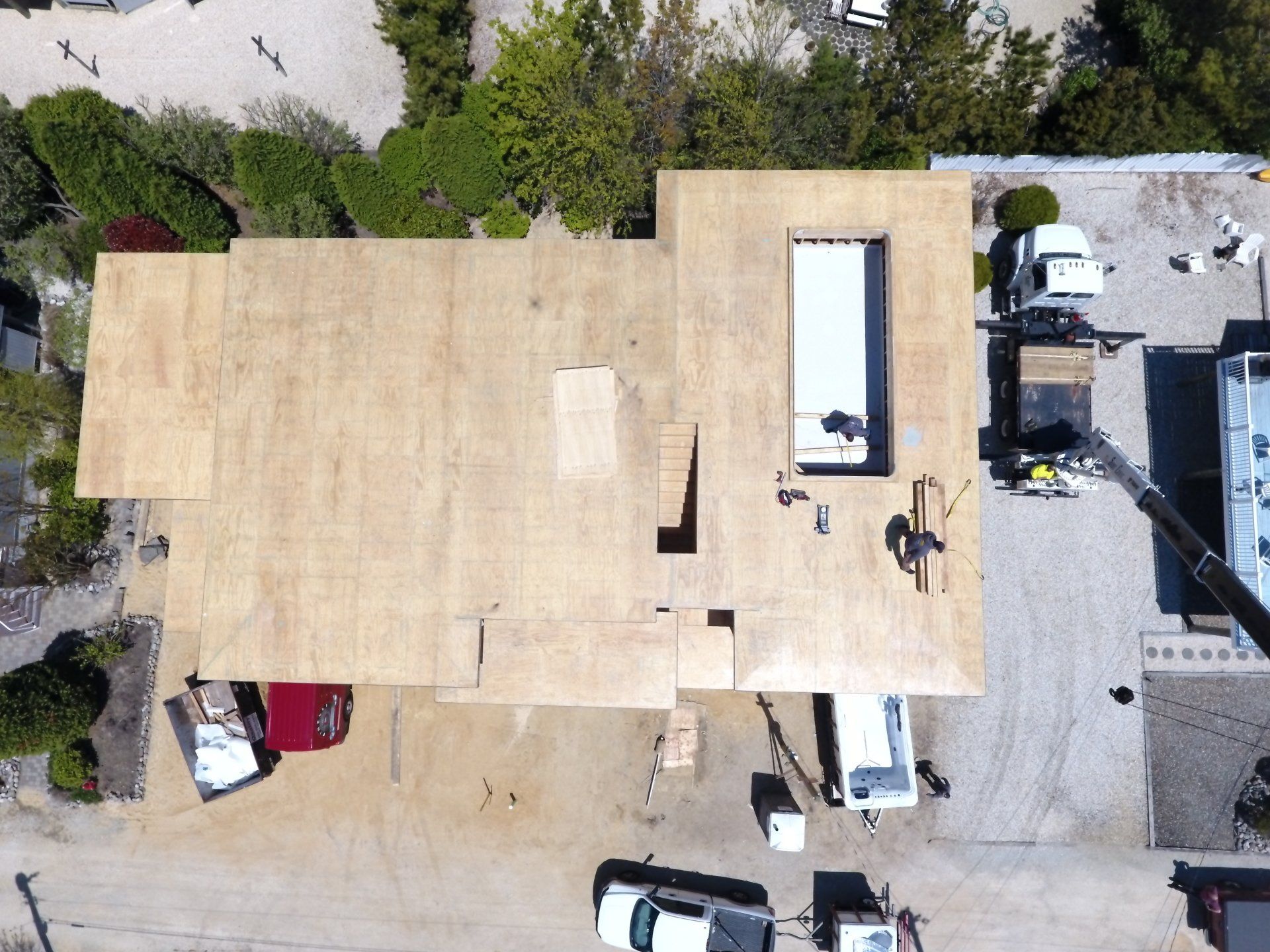 An aerial view of a large building under construction