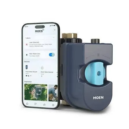 A Moen smart water shutoff valve paired with a smartphone displaying the Moen app interface.