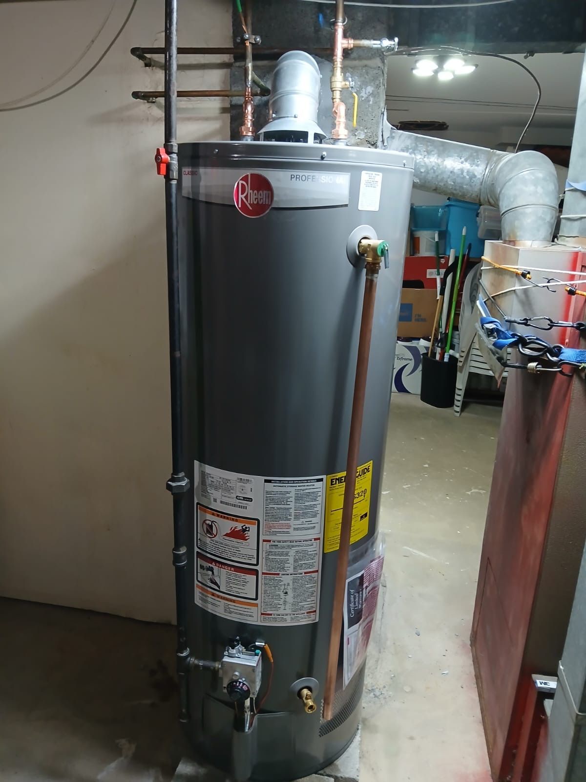 A water heater in a basement