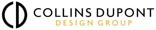 The logo for collins dupont design group is black and gold.