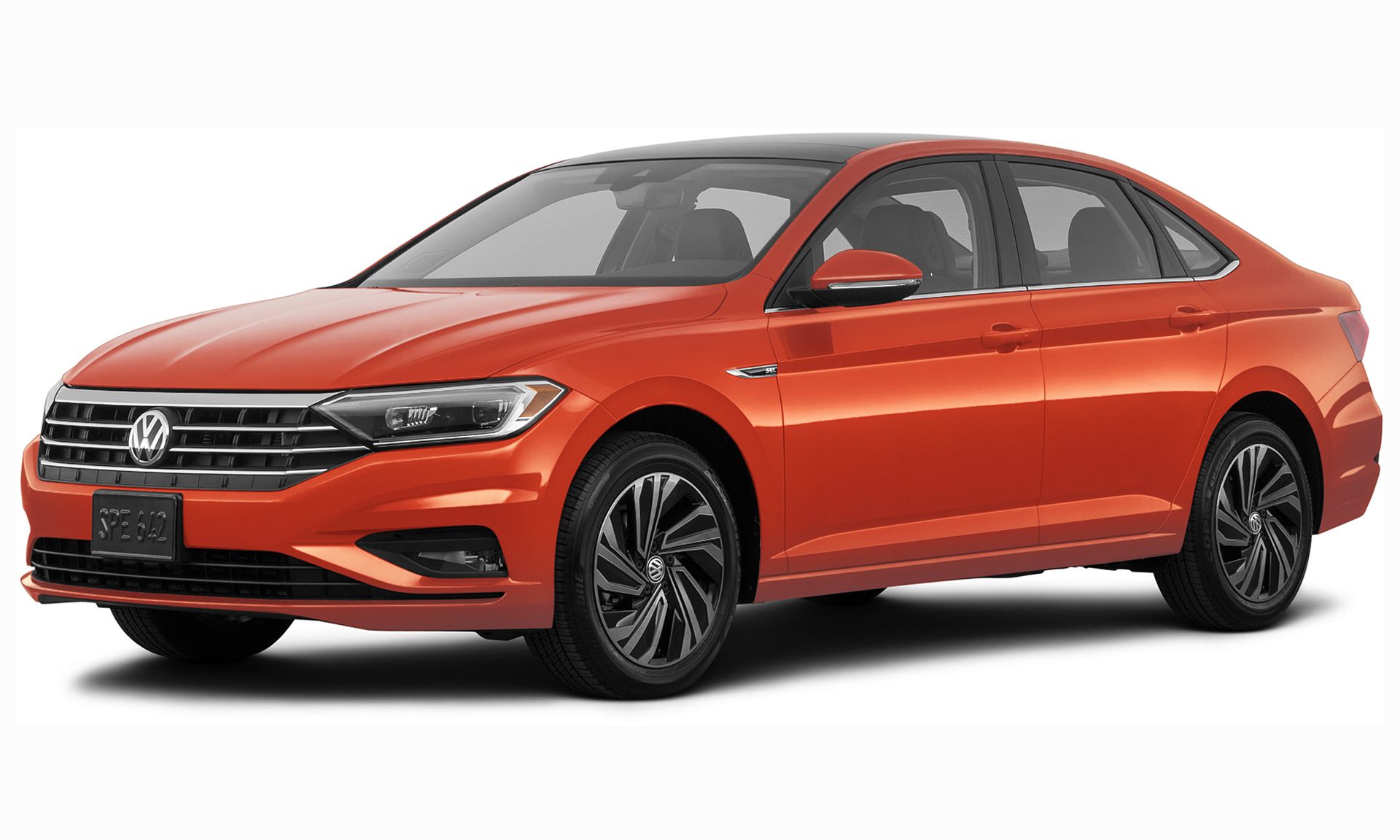 Orange Volkswagen Jetta sedan, black wheels, against a white background.