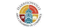 Harrisonville Area Chamber of Commerce logo with red, blue, and gold shield emblem and circular text