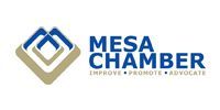 Mesa Chamber logo with blue and gold emblem and blue text, “Improve. Promote. Advocate.”