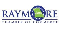 Raymore Chamber of Commerce logo in blue and green with a circular emblem and building icon