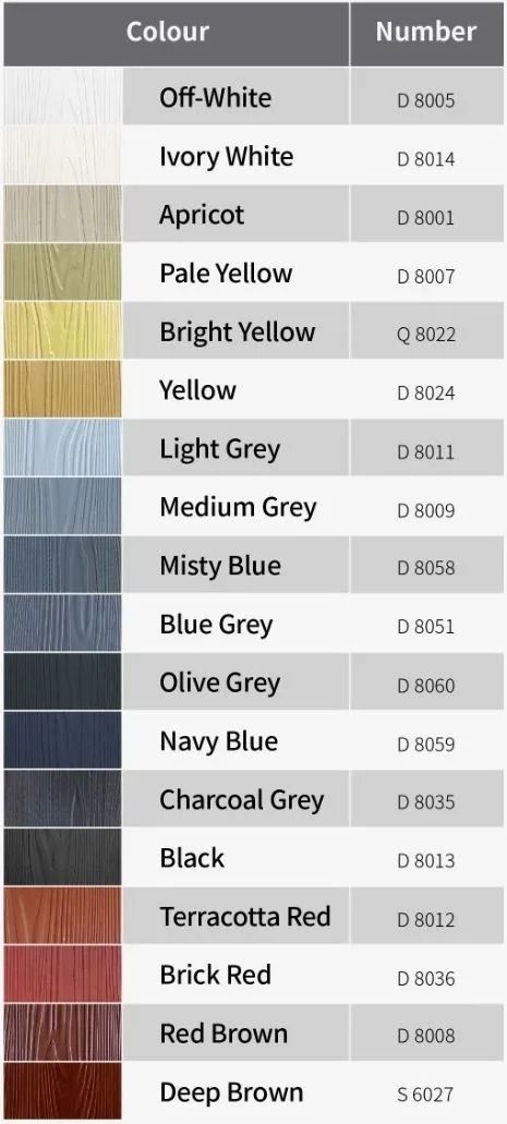 Color chart listing yarn colors with swatches and codes, including white, ivory, grey, blue, red, and brown.
