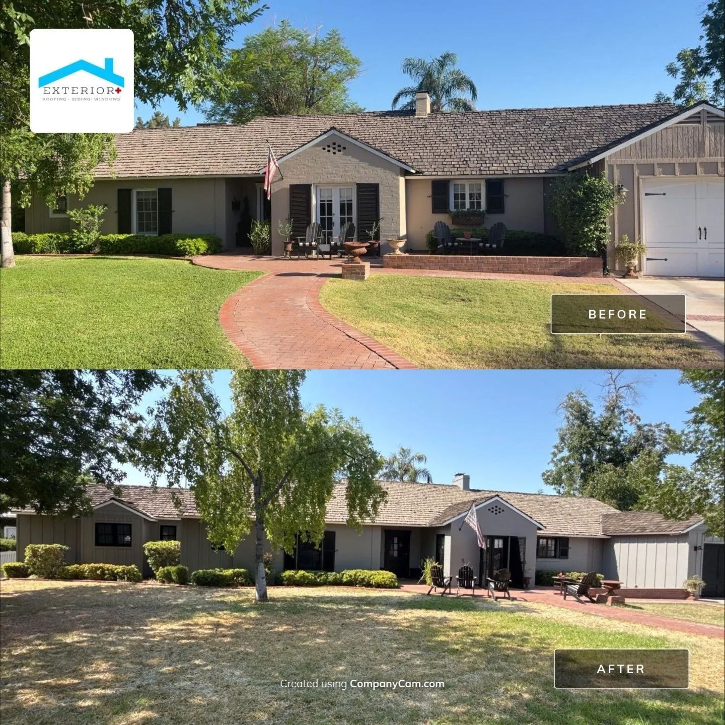 Before-and-after view of a suburban house with lawn, front porch, and driveway, with greener yard in top image