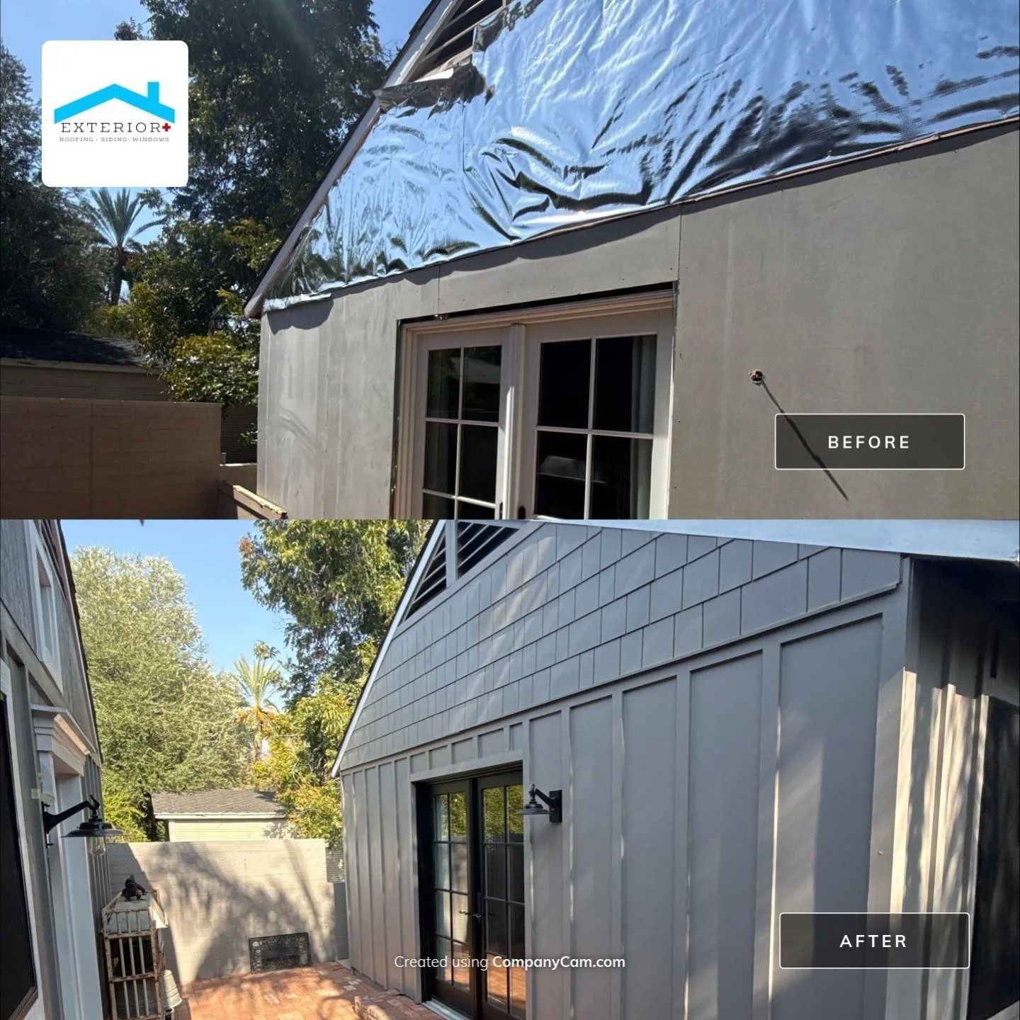 Roofing and siding exterior before-and-after showing house repair with blue tarp and new gray siding