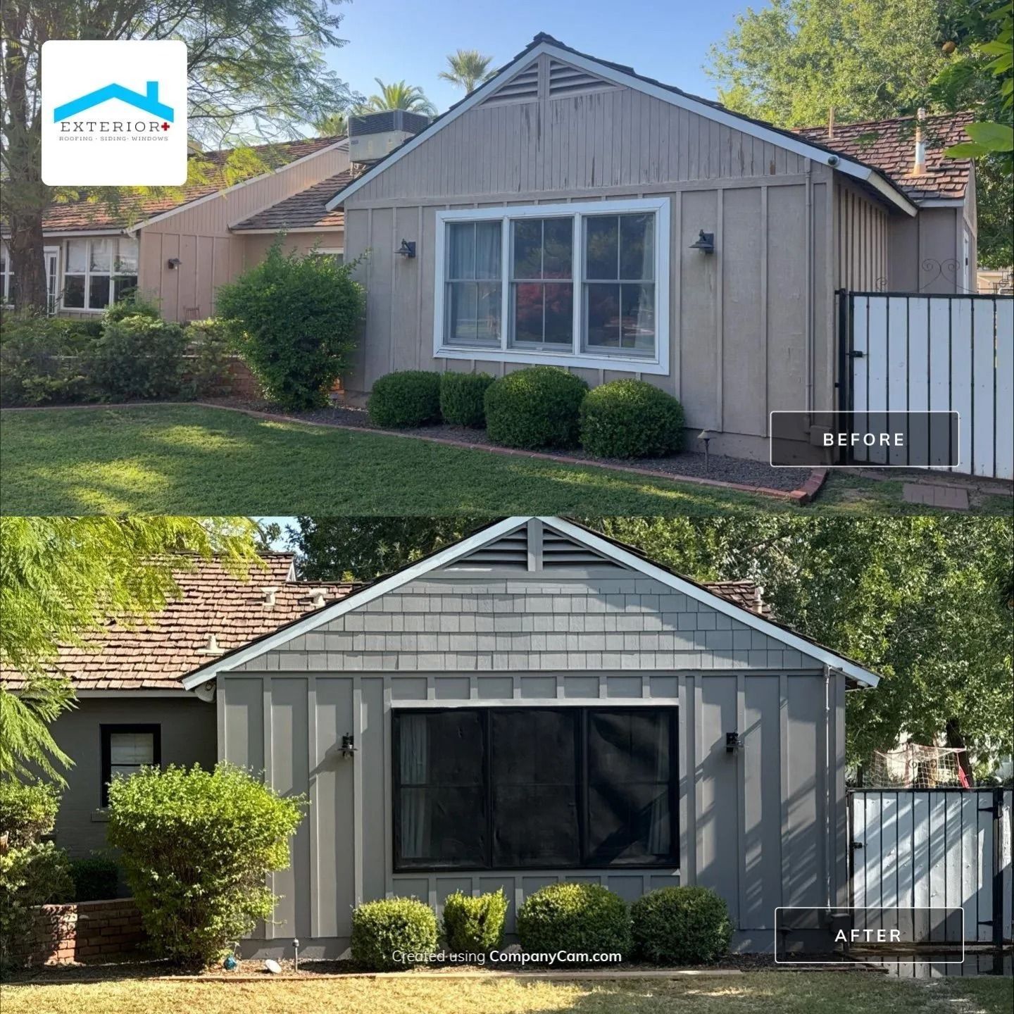 Before-and-after exterior of a gray single-story house with updated front windows and trim.