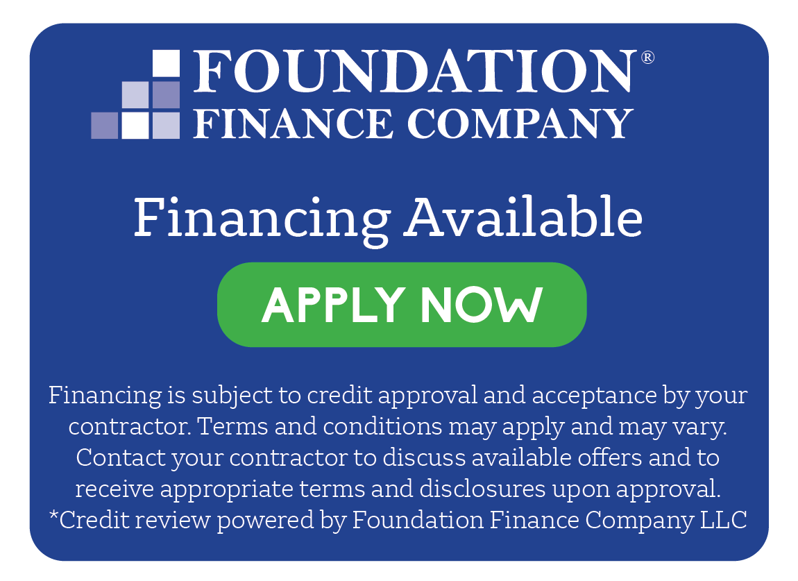 Blue Foundation Finance Company ad with “Financing Available” and green “APPLY NOW” button