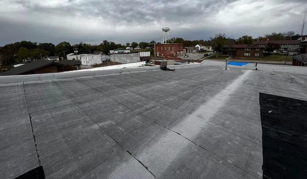 Empty gray rooftop under cloudy sky, with distant buildings and trees on the horizon.