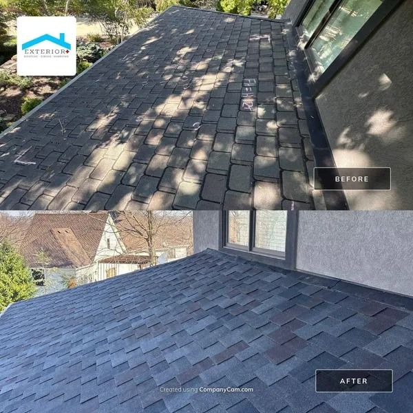 Before-and-after of a roof repair, showing damaged shingles replaced with new dark gray shingles.