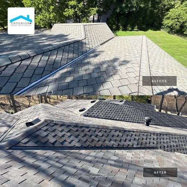 Roof shingle repair comparison: damaged gray roof before and repaired black shingle section after