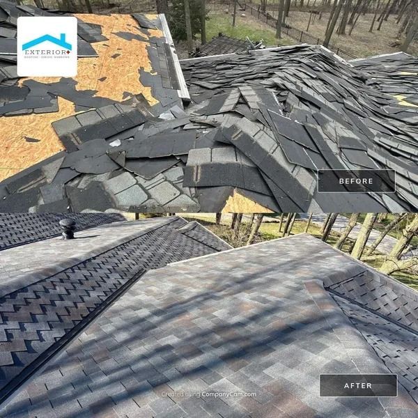 Roof replacement before-and-after: damaged shingles replaced with a gray, repaired roof.