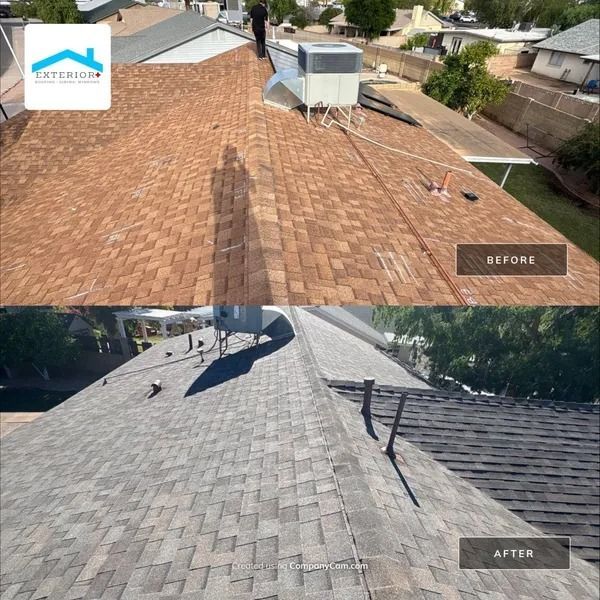 Before-and-after roof cleaning: red-brown shingle roof restored to light gray.