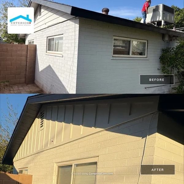 Before-and-after of a house exterior repaint: white siding changed to beige with dark trim.