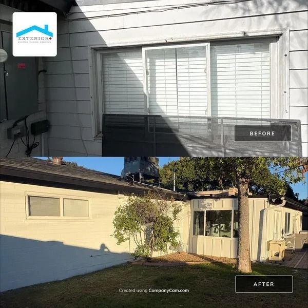 Before-and-after exterior house photos: white siding and sliding door replaced by beige stucco and windows.