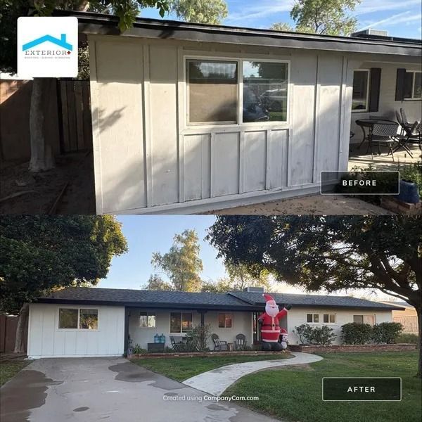 Before-and-after of a house exterior renovation, showing a white remodeled front facade and lawn.