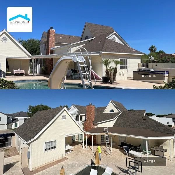 Before-and-after photos of a house roof replacement with a pool and patio.