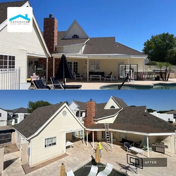 Backyard patio before-and-after of a beige house with brick chimney and covered seating area