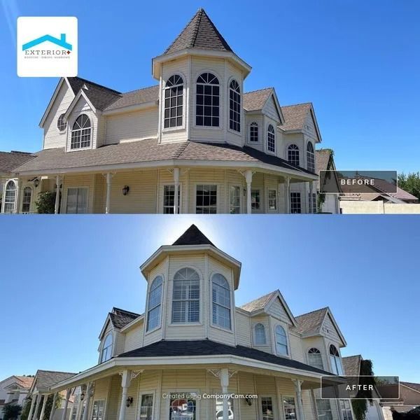 Before-and-after view of a white house exterior with a turret and wraparound porch under a blue sky