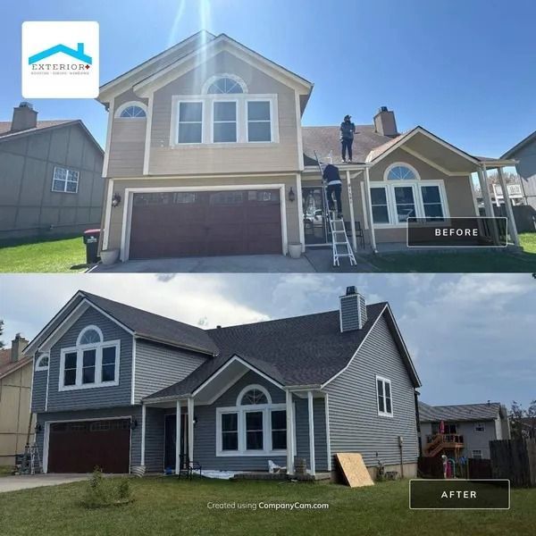 Before-and-after exterior of a beige house being repainted gray with a new dark roof and trim.