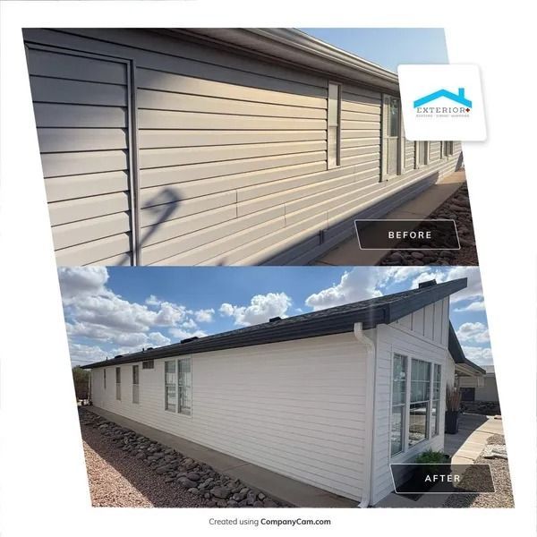 Before-and-after of a house exterior: dark siding changed to light beige with white trim and windows.