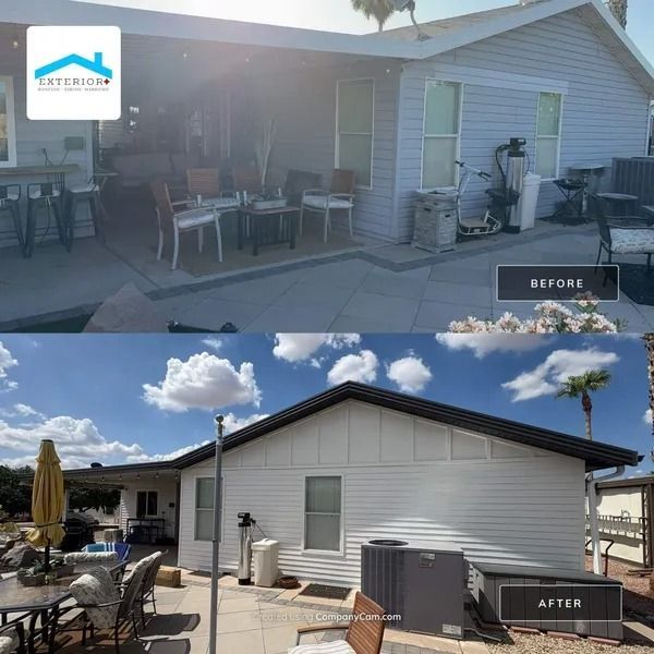 Before-and-after patio view: dark shaded patio above, bright white-sided house and patio below.