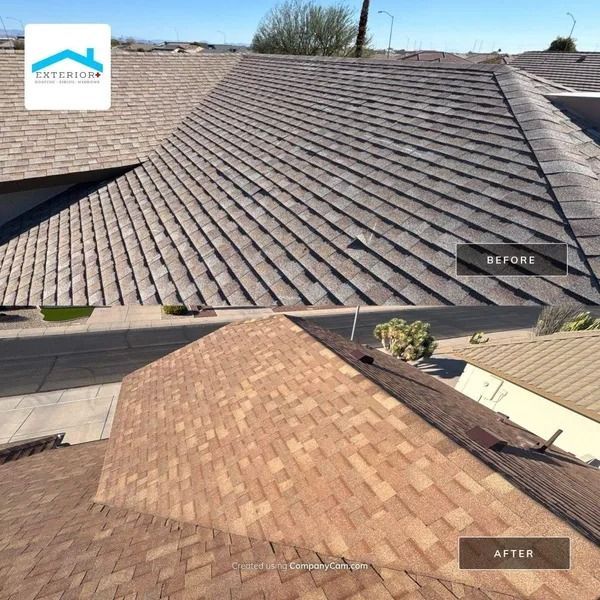 Before-and-after roof replacement showing worn gray shingles and new tan shingles.