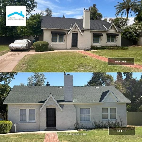 Before-and-after view of a small house exterior, showing a new gray facade and roof repainting.