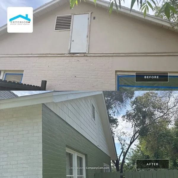 Before-and-after exterior of a house showing repaired siding and a vented attic panel.