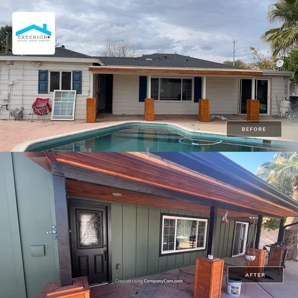 Before-and-after of a home exterior remodel, showing a new covered porch, dark green siding, and wood trim.