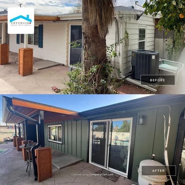 Before-and-after of a house exterior renovation with new green siding, awning, and sliding glass doors.