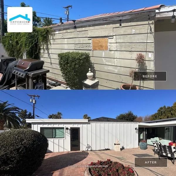 Before-and-after exterior of a house: weathered beige siding changed to clean white paneling and trim.