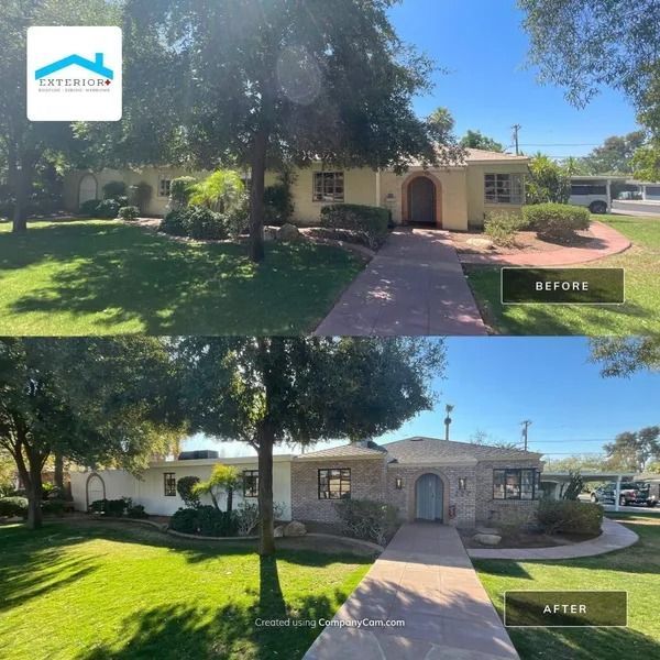 Before-and-after view of a stucco house front yard with walkway, trees, and updated landscaping.