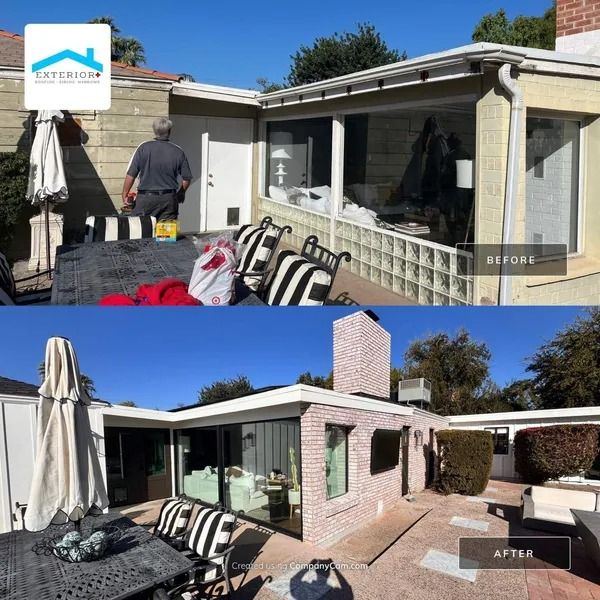 Patio before-and-after: old covered patio replaced with bright brick and glass sunroom-like addition.