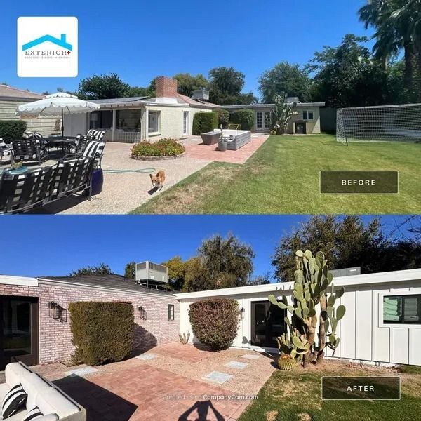 Before-and-after view of a house patio and backyard with brick paving, cactus, and white siding.