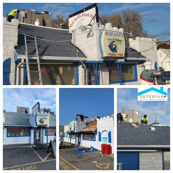 Damaged storefront with fire damage on roof and facade, shown in several exterior views
