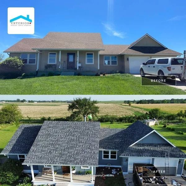 Before-and-after house roof replacement, showing a gray shingle roof and driveway with parked truck.