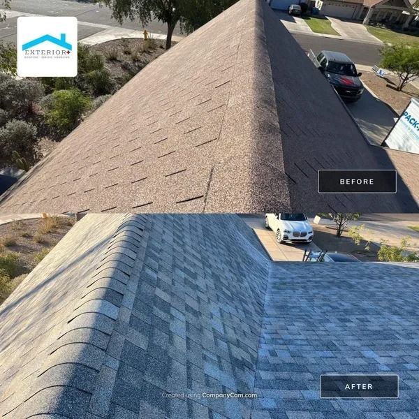 Before-and-after roof shingle replacement on a house, showing weathered tan shingles above and new blue-gray shingles below.