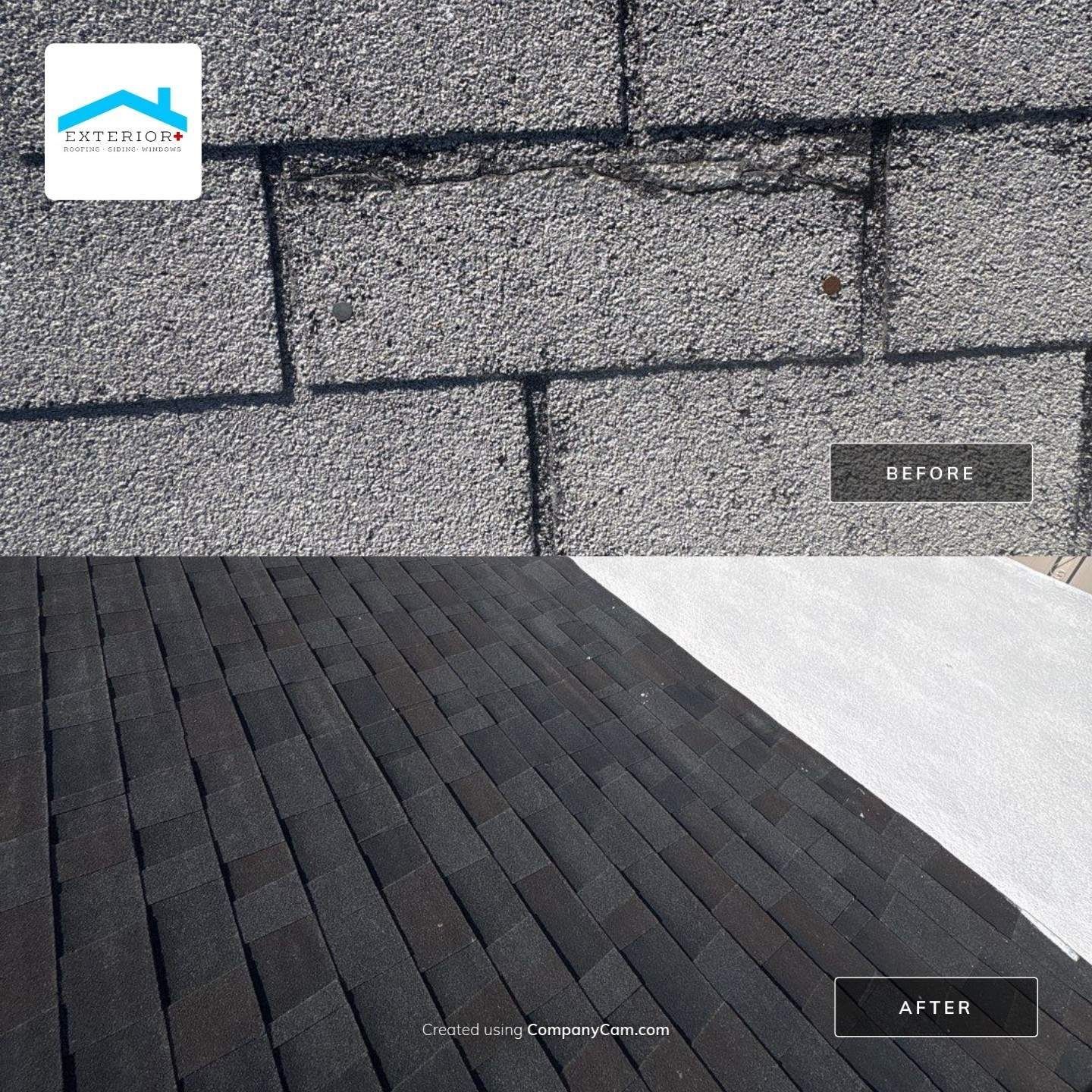 Before-and-after comparison of a gray shingle roof, showing damaged shingles replaced with new dark shingles.