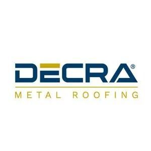 DECra Metal Roofing logo in blue and gold on a white background
