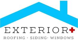 Exterior+ roofing, siding, and windows logo with blue roof icon and black text