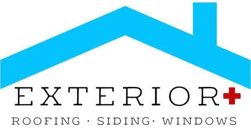Exterior+ roofing, siding, and windows logo with blue roof icon and black text