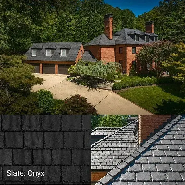 Large brick house with gray slate roof and driveway, set in lush greenery; roof sample labeled “Slate: Onyx”